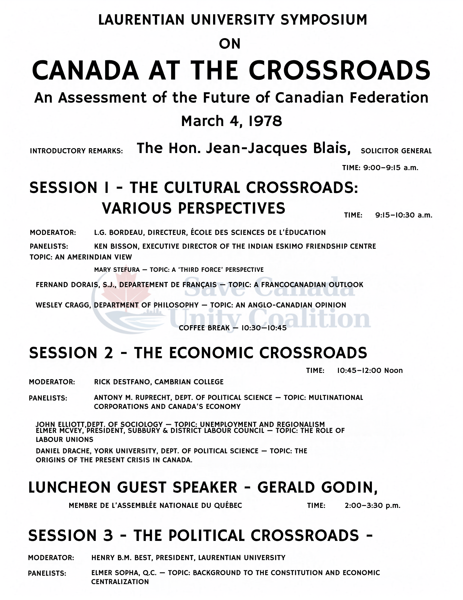 Cover of the 1978 Laurentian University Symposium on Canada at the Crossroads programme.