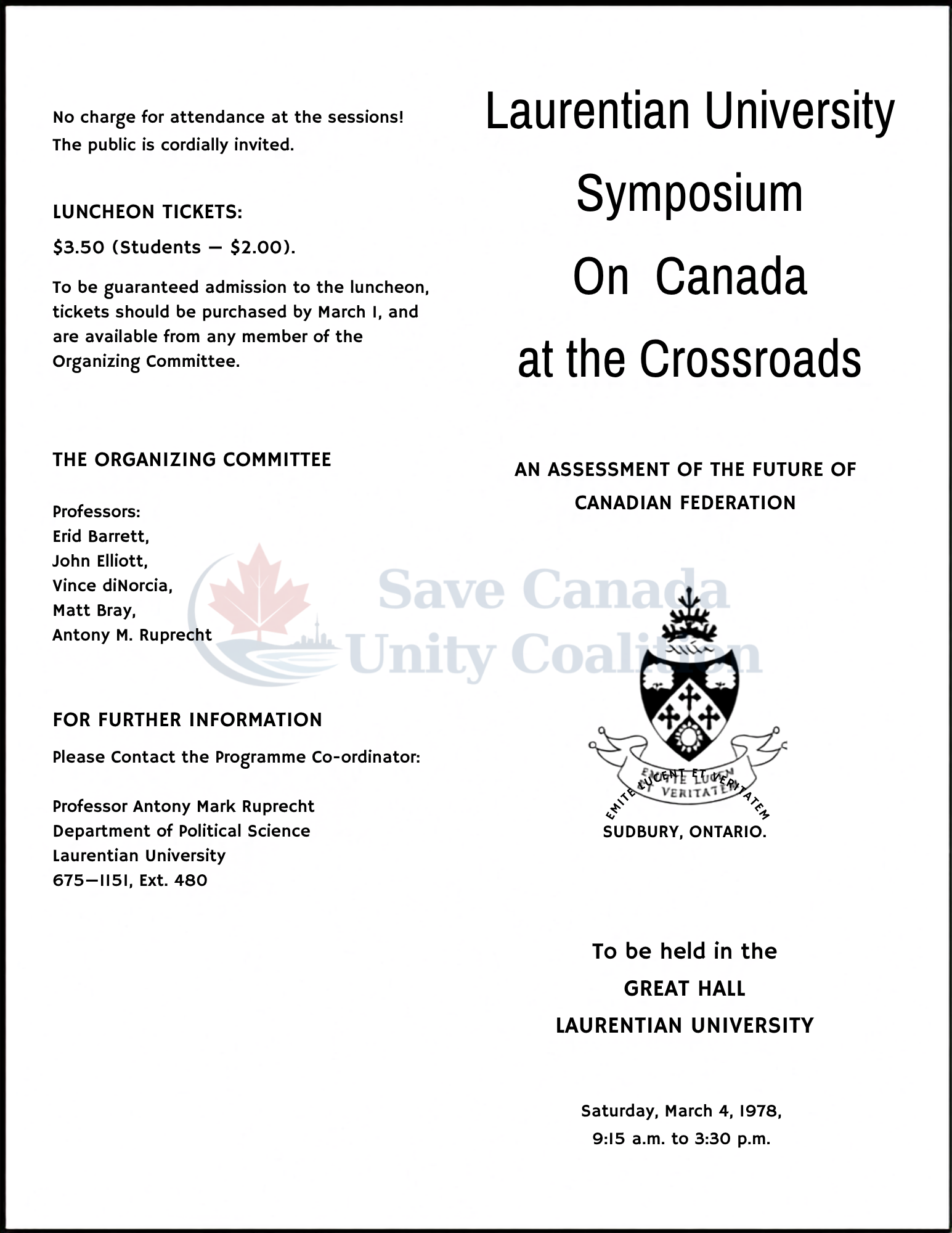 Agenda page of the 1978 Laurentian University Symposium on Canada at the Crossroads.