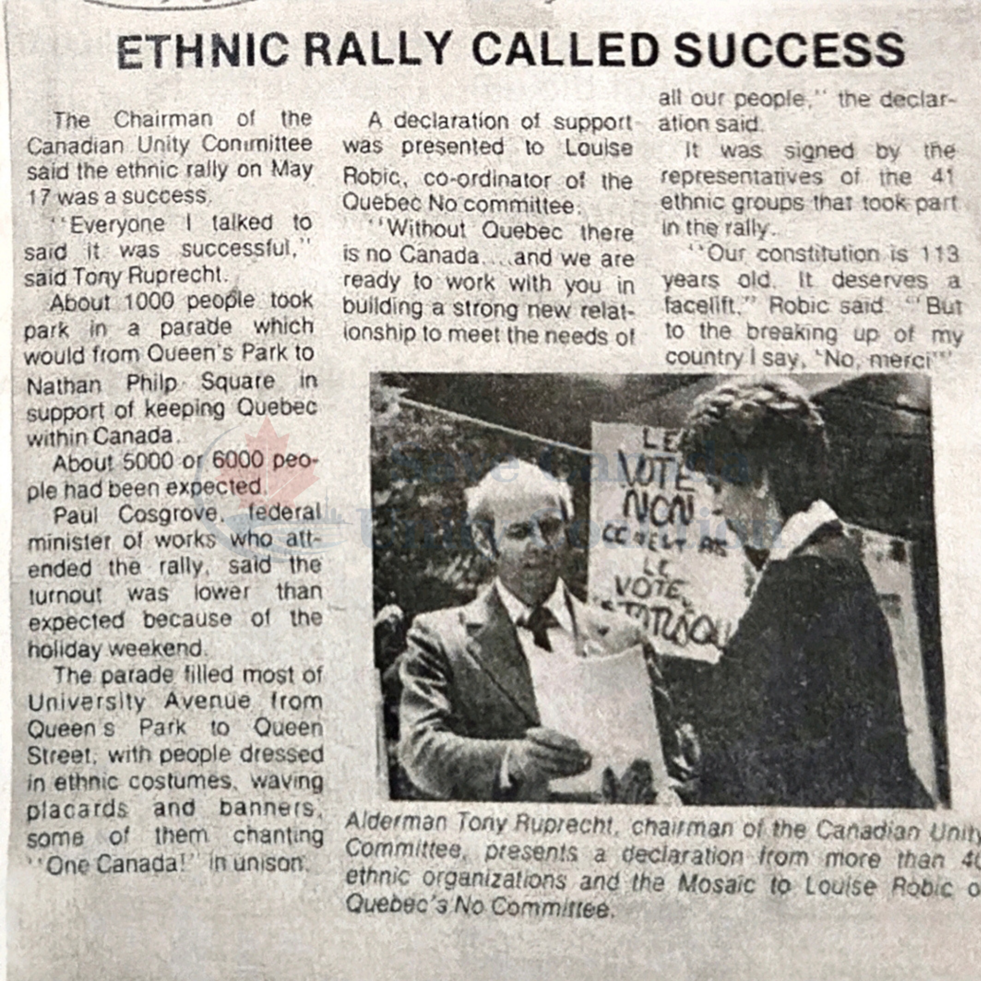 Newspaper clipping headlined Ethnic Rally Called Success, showing Tony Ruprecht presenting a declaration.