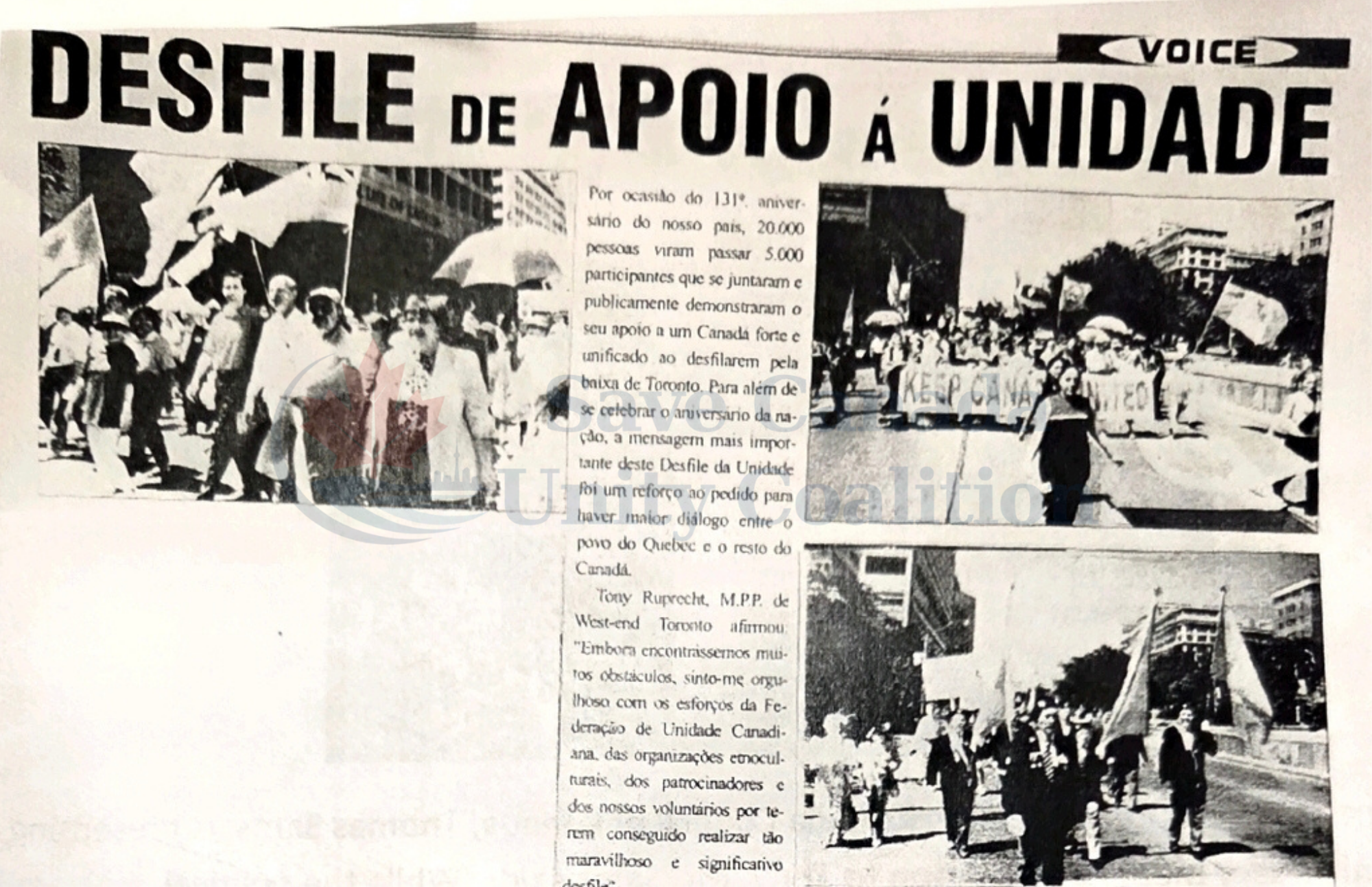 Portuguese-language newspaper clipping covering the 1995 Canada Unity Walk.